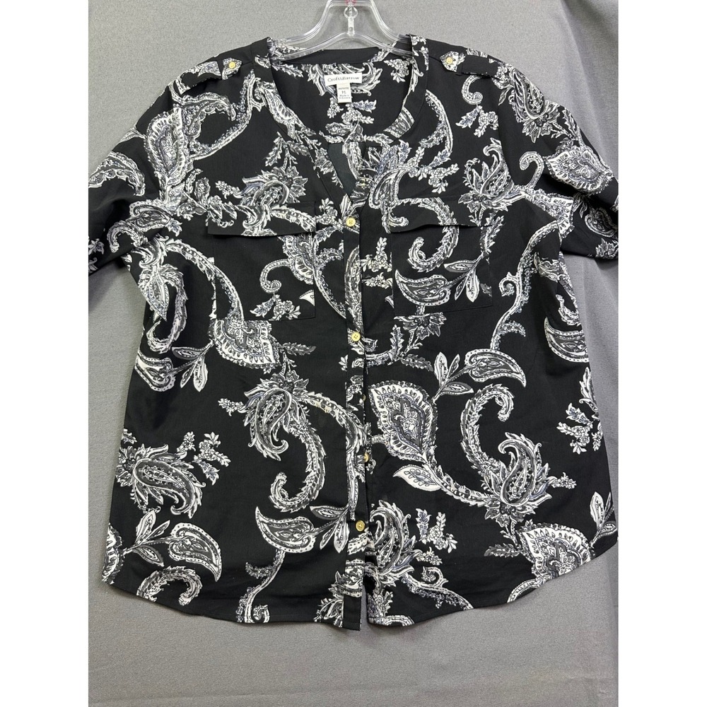 Croft & Barrow Women Petite Large Black White Paisley Roll Tab Button‎ Up Blouse